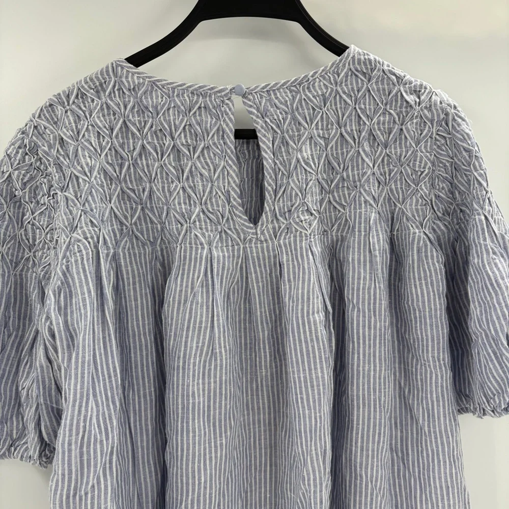 Anthropologie Textured the Liza puff sleeve smocked Blue Striped Blouse small - Picture 10 of 16